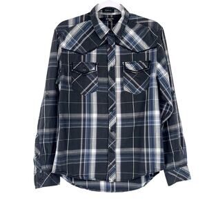 CJ Black Western Grunge Button Up Mens Shirt Sz M Slim Fit Gray Plaid Street